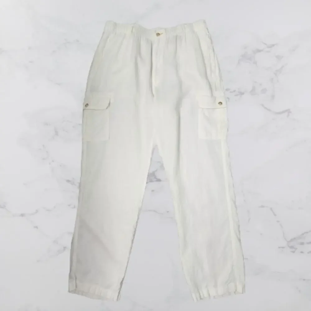 Caribbean Men's Ivory White Linen Pants Size 40 x 32 Cargo Pockets